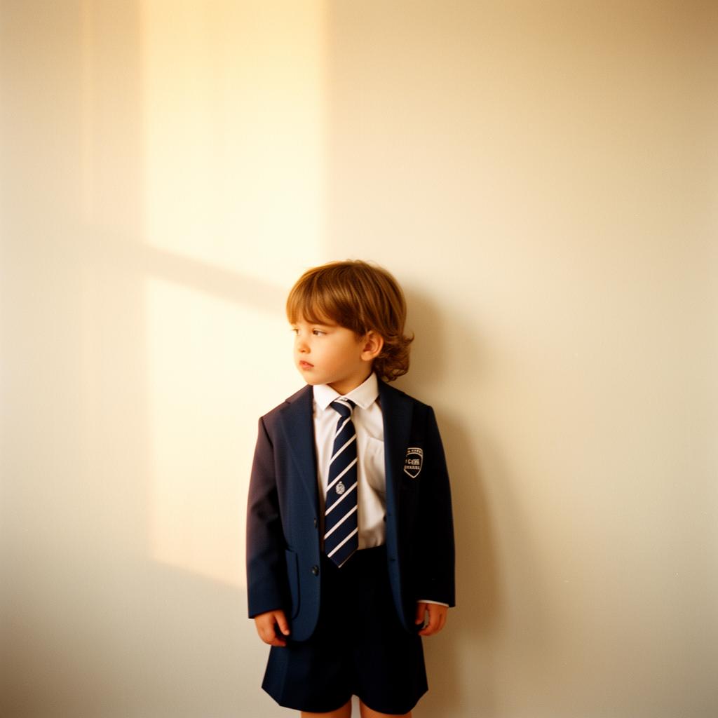 Aluno fardado num corredor de escola iluminado pela luz natural