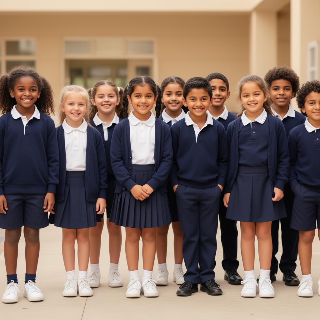 Grupo de crianças de várias etnias fardadas com uniformes de colégio num pátio escolar